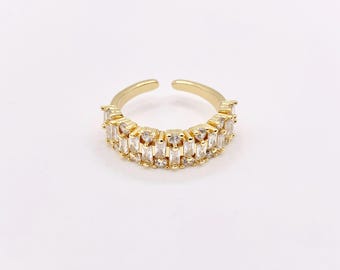 Bagues baguette ajustables style mariée glamour avec strass en cuivre plaqué or 18 carats