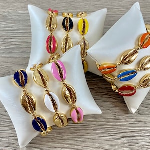 Enamel and Gold Cowrie Shell Adjustable Bracelets