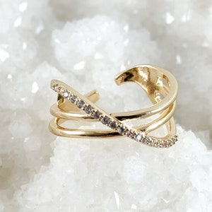 Real Gold 18K Plated CZ Pave Triple Band Adjustable Ring