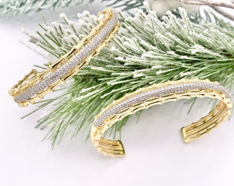 2 Tone Cute Bamboo Layered Adjustable Bangle in Gold/Silver Plated over Brass