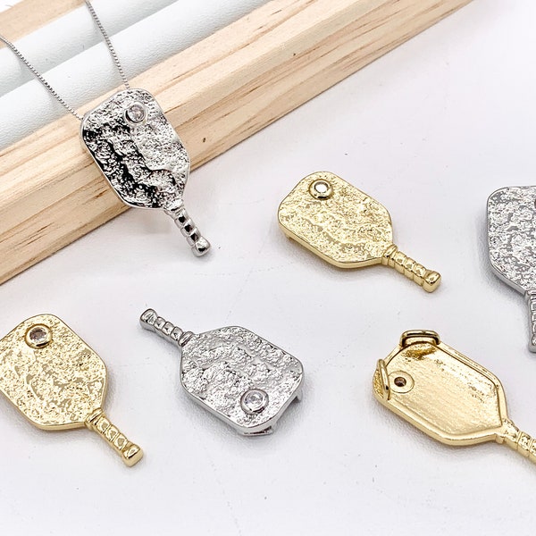 Pickleball Paddle Pendants in CZ Pave Rhinestone 18K Gold or Silver Plated Copper