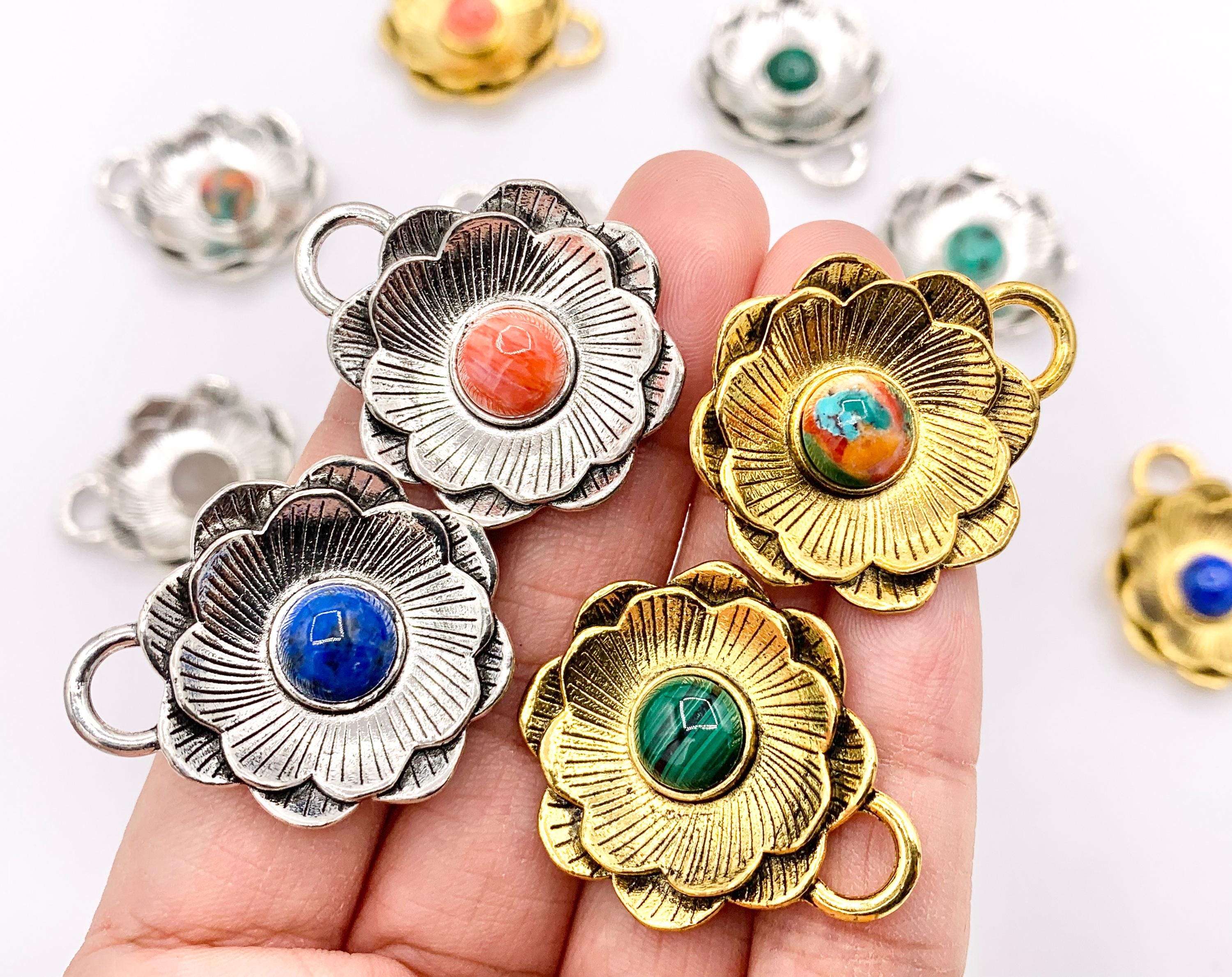 Tibetan Silver Flower Pendant With Spiny Oyster/ Labradorite/ Lapis/ Rhodochrosite/ Malachite/ Natural Turquoise Handmade Pendant 1 PC