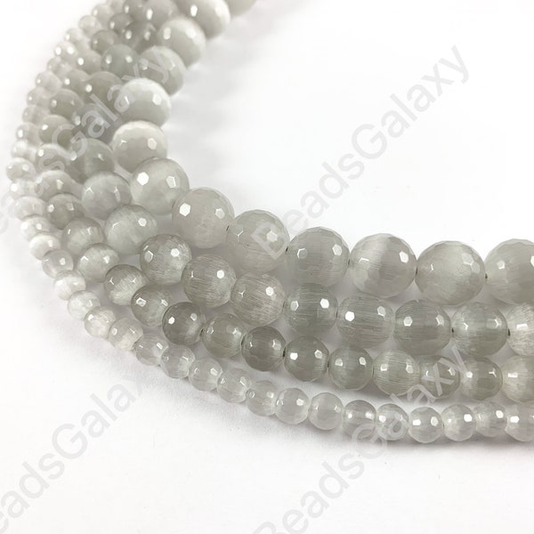 Faceted Round Cat's Eye Dyed Light Gray Beads Around 15"