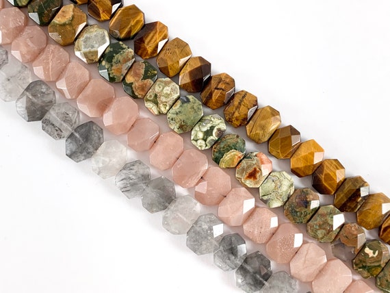 Tiger's Eye/Ryolite/Rain Forest Jasper/Pink Moonstone/Cloudy Quartz Octagon Faceted Shiny Natural Gemstone Beads 15"- 16"