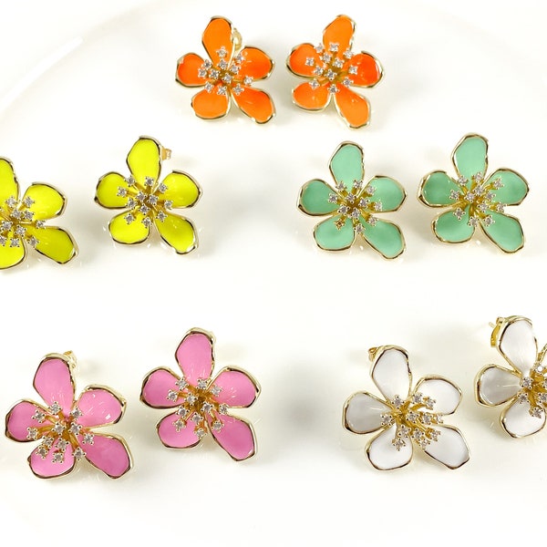 Real 18K Gold Plated CZ Pave Enamel Neon Orange Pink Yellow Mint White Daisy Flower Earring Post Over Copper