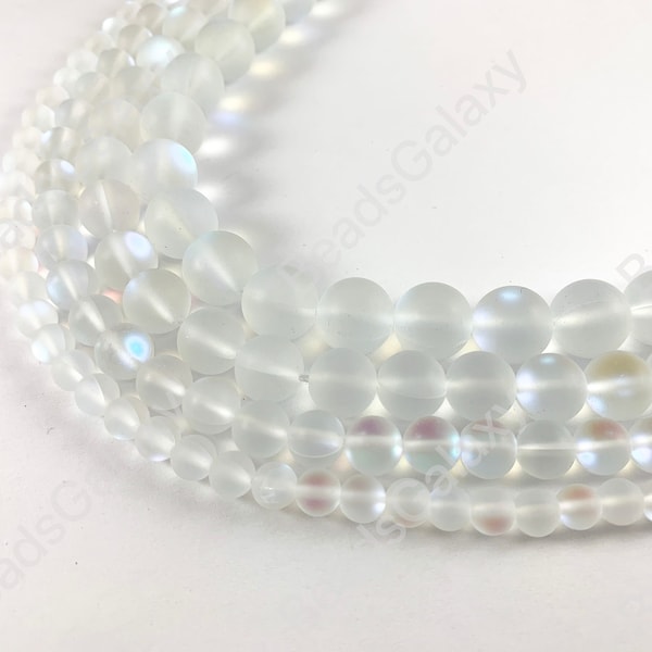 Matte Iridescent Clear Imitation of Moonstone Mermaid Glowing Glass Round Beads Around 15-16"