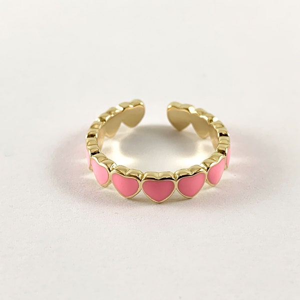 Pink Hearts Enamel 18K Gold Plated Copper Adjustable Ring