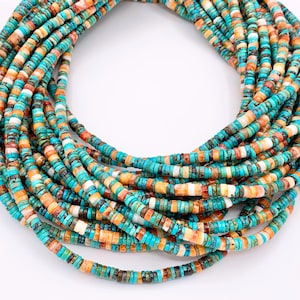 May include: A collection of turquoise, orange, white, and brown disc-shaped beads. The beads are strung together, forming a necklace or bracelet. The beads are small and uniform in size, creating a colorful and textured appearance.