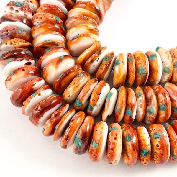 Natural Spiny Oyster+Turquoise 18mmRondelle Beads - Natural Orange Color and Turquoise Color. Non Treated 15-16"