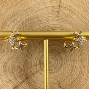 Real 18K Gold Plated CZ Pave Triple Stars Earring Studs Cuff Over Copper
