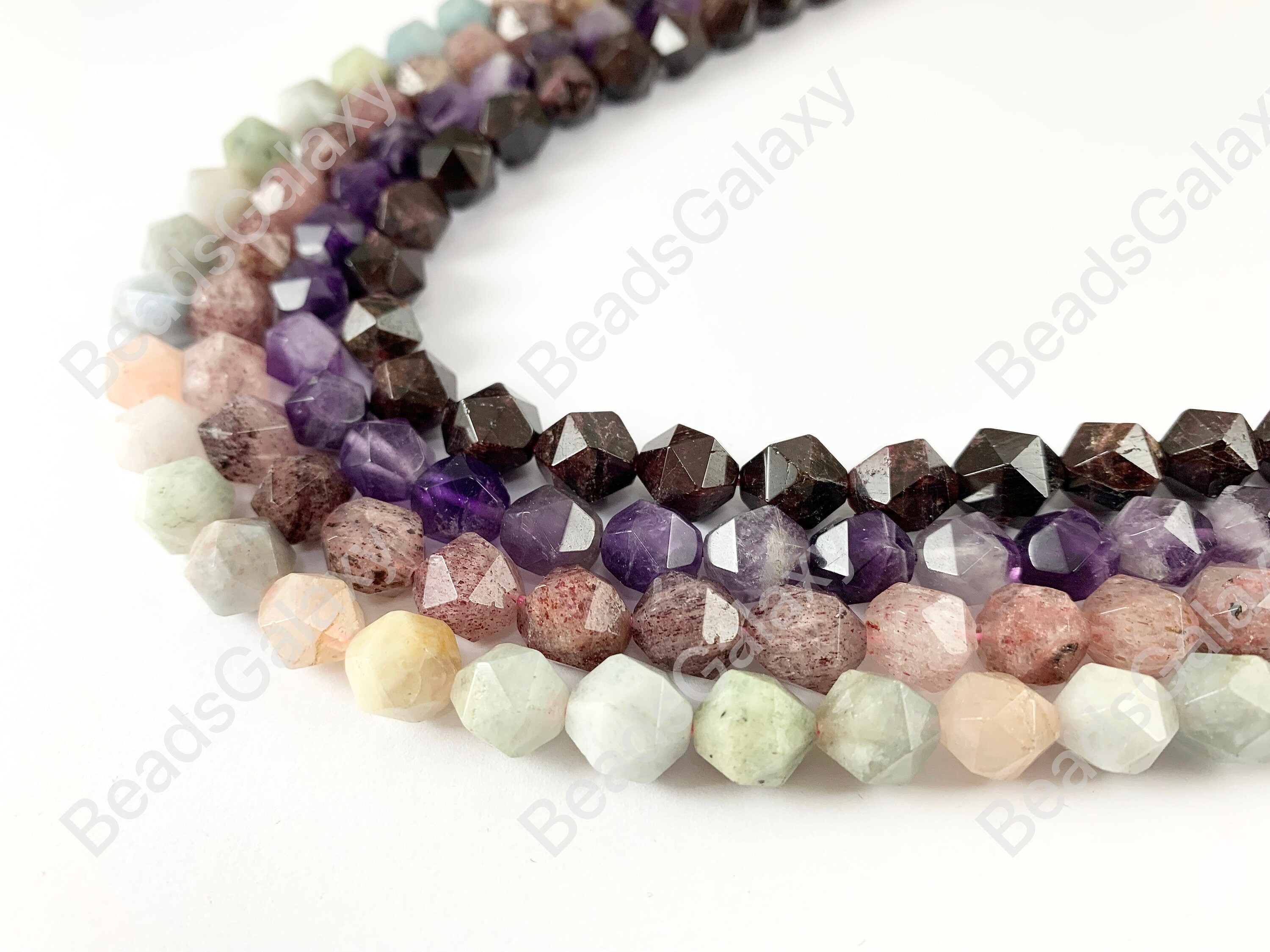 10mm Hand Cut Gemstones Amethyst Aquamarine Morganite Garnet Strawberry Quartz Star cut Faceted Natural Gemstone Beads Around 15"