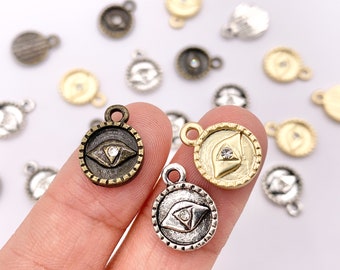 10mm Pewter Evil Eye Crystal Circle Pendants Cute Coin One Sided Charms in Matte Gold, Silver, Brass