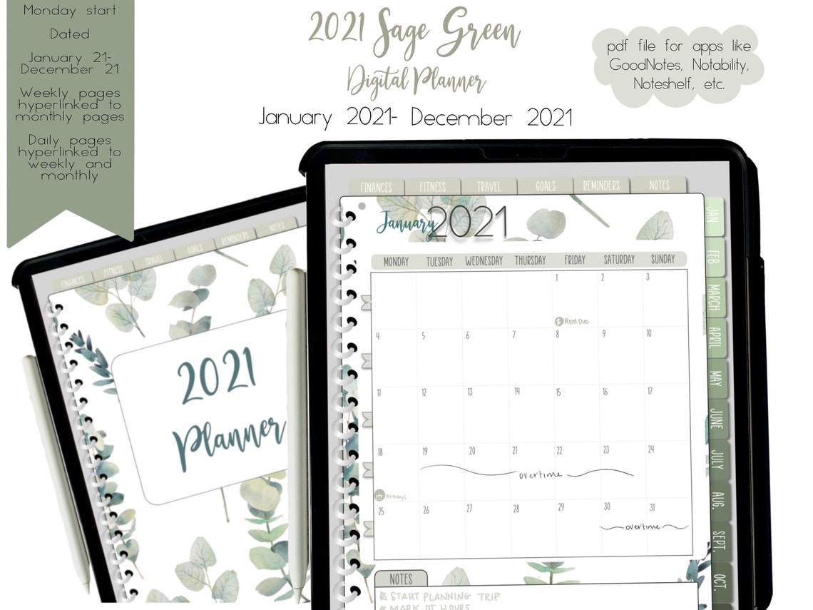 Sage Green Digital Planner Digital Planner Goodnotes Etsy