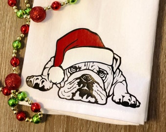 Christmas Bulldog, Holiday Kitchen Towel, Flour Sack Towel, Tea Towel, Holiday Kitchen Decor, Gift for Dog Lover, Santa Hat Dog, Stocking