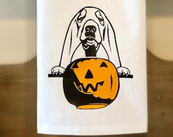 Happy Howl-oween-Ghost / Halloween Tea Towel / Halloween Kitchen Decor / Flour Sack Towel / Kitchen Towel