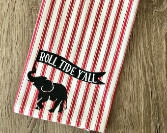 Roll Tide Y'all (Pinstripe) Officially Licensed Alabama Kitchen Towel, Flour Sack Towel, Tea Towel, Kitchen Decor, Tailgating Decor