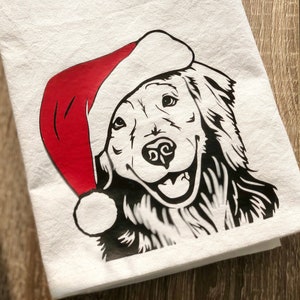 Christmas Golden Retriever, Holiday Kitchen Towel, Flour Sack Towel, Tea Towel, Holiday Kitchen Decor, Gift for Dog Lover, Santa Dog, Gift