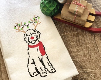 Rein Doodle Holiday Kitchen Towel, Flour Sack Towel, Tea Towel, Christmas Kitchen Decor, Goldendoodle, Labradoodle, Gift for Dog Lover