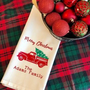 Personalized Christmas Truck Kitchen Towel, Christmas Tea Towel, Christmas Kitchen Decor, Flour Sack Towel, Country Christmas, Christmas