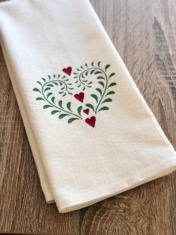 Embroidered Kitchen Towel Scandinavian Heart Towel Red or Black Hearts Tea  Towel Flour Sack Towel 