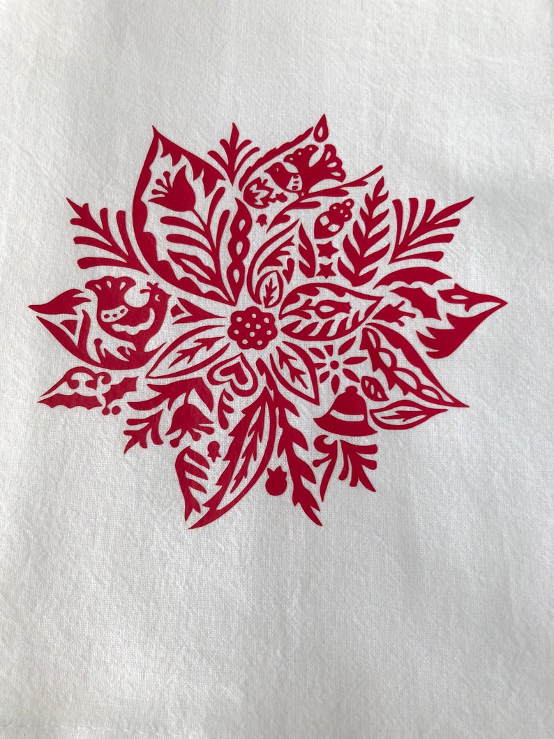 May include: Red Christmas-themed design featuring a stylized poinsettia with birds, bells, and other festive elements.