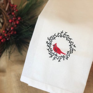 Cardinal Wreath Towel, Tea Towel, Cardinal Kitchen Decor, Flour Sack Towel, Christmas Kitchen Decor, gift for Bird Lover, Bird Watching