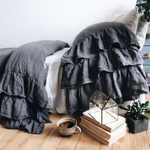 Linen Ruffle Duvet Cover. Closure ties. 100% linen. natural. queen. king baby bed. Eco. All colors. All size.