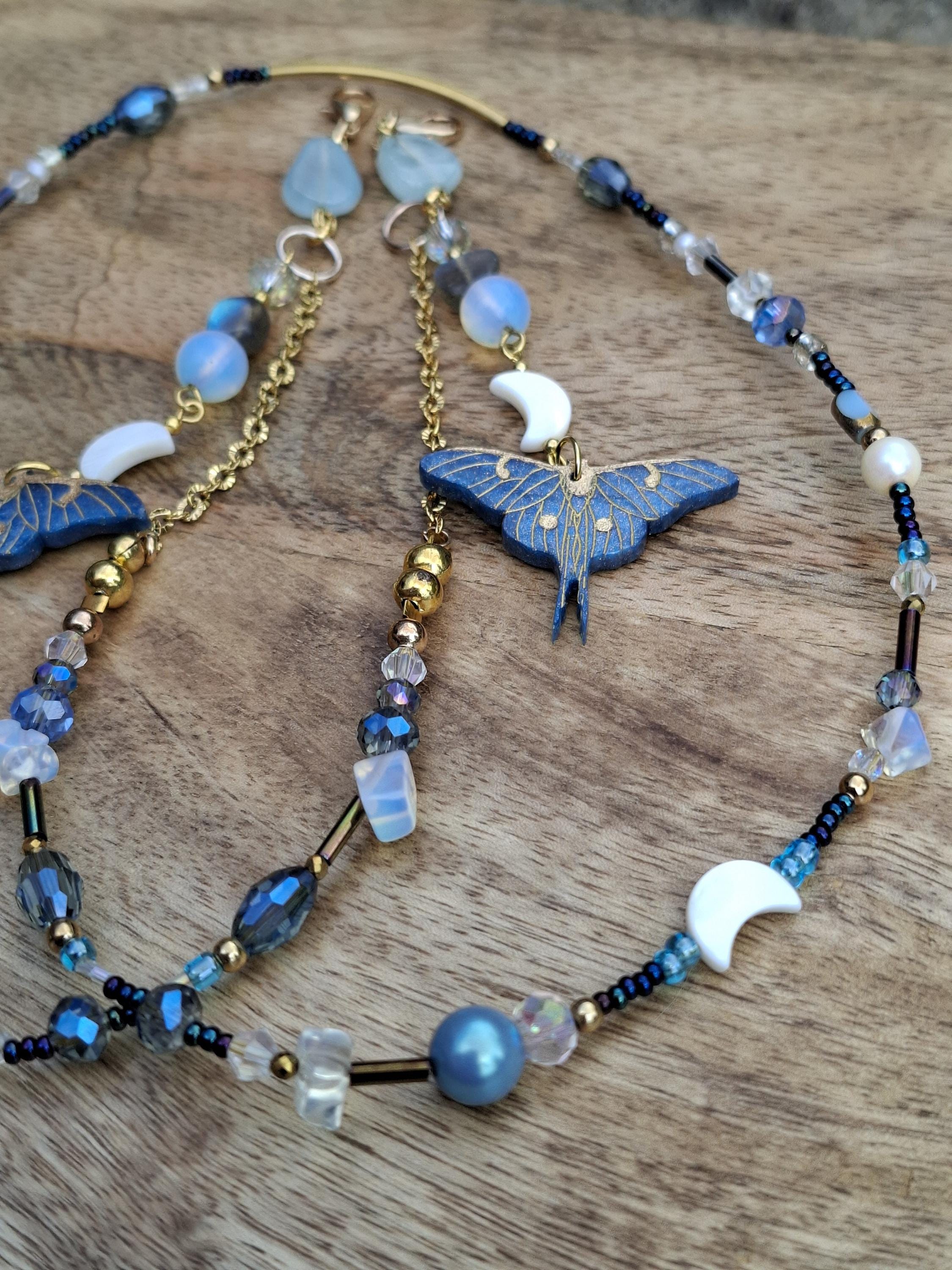 Blue luna moth glasses chain - full beaded chain with aquamarine, labradorite and opalite - butterfly jewelry