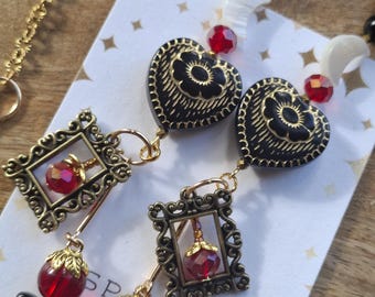 Gothic glasses chain with photo frame charms - black and red heart charm eyeglass chain