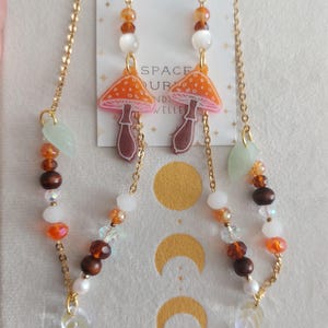 Orange Mushroom Toadstool Glasses Chain | Leaf Charm Eyeglasses Chain | Cottagecore | Fairycore | Fantasy | Whimsigoth | Goblincore