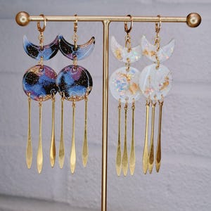 Witchy Moon Earrings | Long Dangle Earrings | Gold Brass Galaxy Print