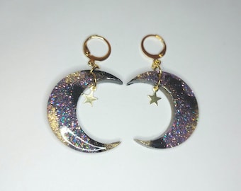 Galaxy Moon and Stars Drop Earrings | Gold Stainless Steel Huggie Hoops | Purple Black and Gold | Witchy Cottagecore Celestial