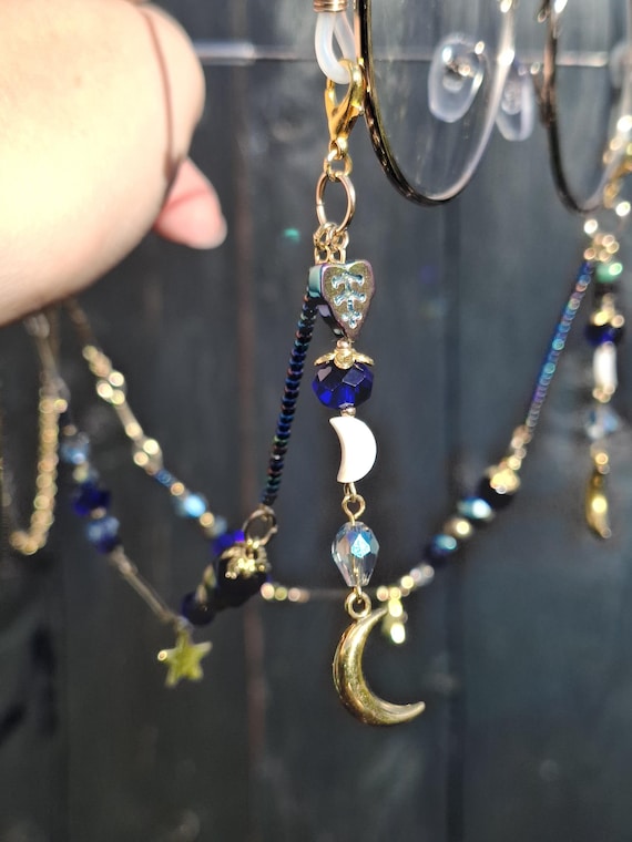 Gothic Glasses Chain with Charms, Gold and Silver Moon and Star,  Blue and Gold Alt Jewelry, Witchy Eyewear, Whimsigoth Glasses