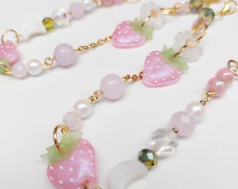 Pink Strawberry Eyeglass Chain | Cottagecore Fruit Glasses Chain | Kawaii Fairycore Flower Jewelry | Whimsical Gifts for Girlfriend Wife