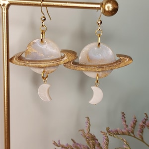 Hand Made Planet Saturn Earrings | Space Theme Galaxy | Gold and Iridescent Glitter - Shell Moon Charms