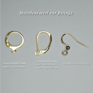 May include: Gold-colored stainless steel ear fittings, including a lever back, a round clasp, and a standard ear wire. The image includes measurements: total width 12mm, inner width 9mm, and total width 10mm, inner width 9mm, inner length 12mm.