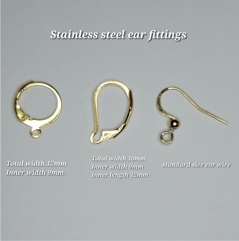 May include: Gold-colored stainless steel ear fittings, including a lever back, a round clasp, and a standard ear wire. The image includes measurements: total width 12mm, inner width 9mm, and total width 10mm, inner width 9mm, inner length 12mm.