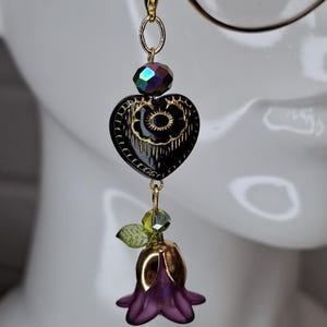 Flower glasses charms - black heart and purple flower jewelry