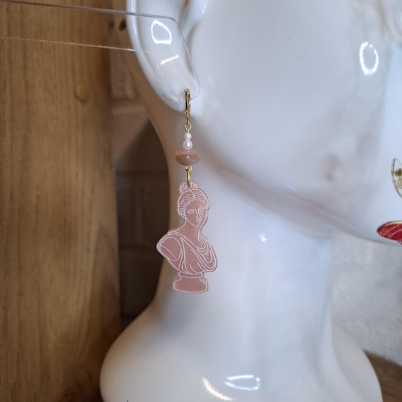 Ancient Greek Bust Statue Earrings | Classic History Dangle Earrings | Sunstone Gemstone | Sculpture Jewelry