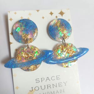 Saturn Earrings Planet Space Stud Earrings | Galaxy Iridescent Glitter | Lightweight Colourful Jewelry