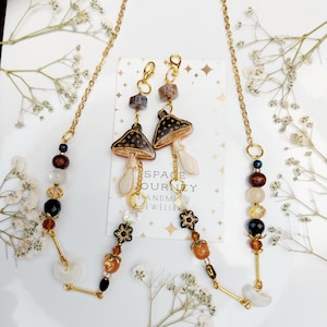 Black Brown Mushroom Toadstool Glasses Chain | Gematone Charm Eyeglasses Chain | Cottagecore | Fairycore | Fantasy | Whimsigoth | Goblincore
