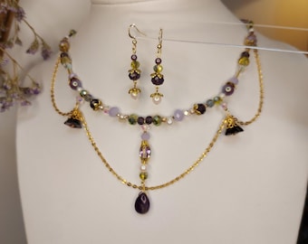 Amethyst Choker and Earrings Set | Elven Beaded Gemstone Choker | Fantasy Necklace in Purple and Green | Forest Fairy Jewelry | Fairycore