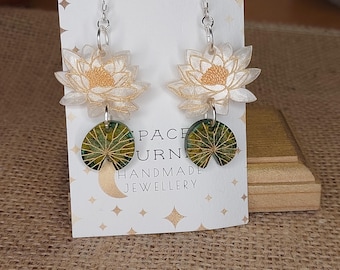 Water Lily and Pad Statement Earrings  | Drop / Dangle Earrings | Botanical Jewelry | Gifts for Mum | Mother's Day Jewellery
