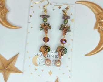 Autumnal Leaf Acorn Earrings |  Botswana Agate and Pearl | Long drop dangle | Forest Fairy Cottagecore