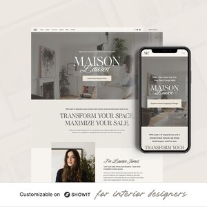May include: A website design for interior designers, shown on a laptop and a smartphone. The website displays the text "MAISON Lauren" in a stylish script, with the tagline "Explore Home Staging & Design." The design is customisable on Showit.