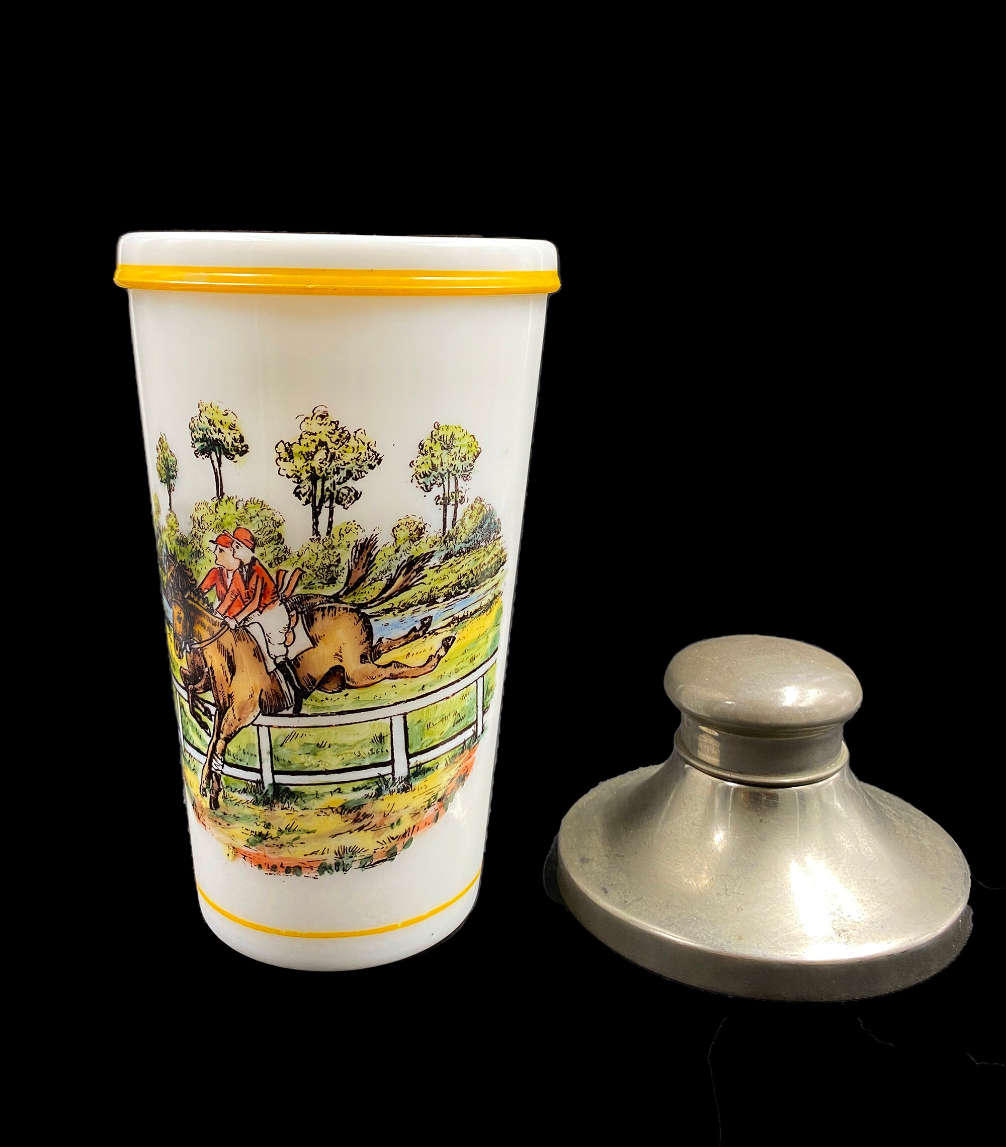 Milk Glass Cocktail Shaker With Full Color Gold Cup Race Scene Etsy