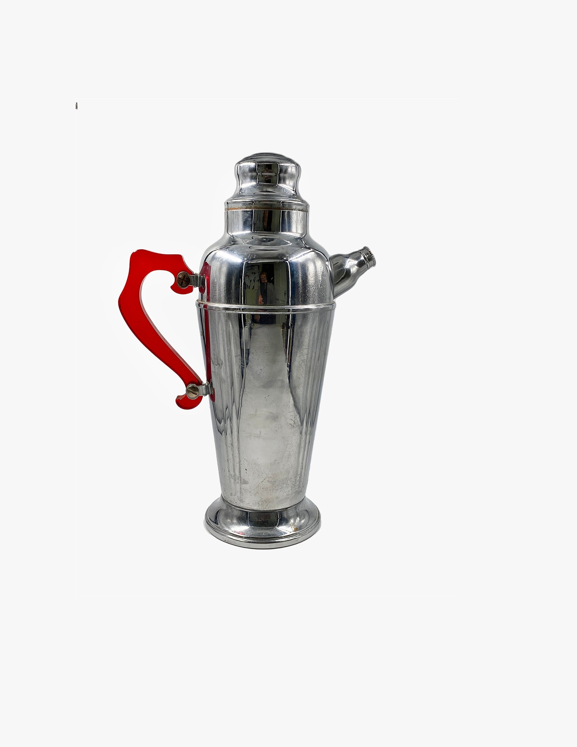 Art Deco Chrome Cocktail Shaker With Red Bakelite Handle