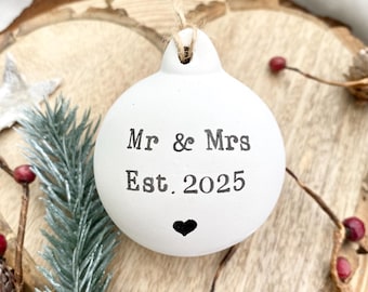 Personalised Mr and Mrs Ceramic Bauble: Newlywed Christmas Decoration, hand stamped Christmas ornament, just married couples gifts