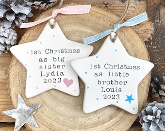 Personalised Big Brother new Big Sister Ceramic Star Christmas Ornament, rustic tree decoration