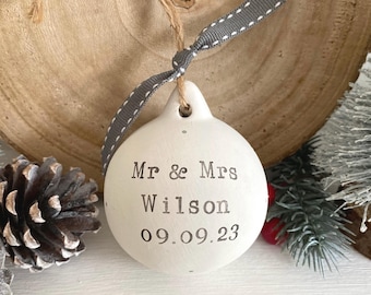 Personalized Mr and Mrs Ceramic Bauble: Newlywed Christmas Decoration